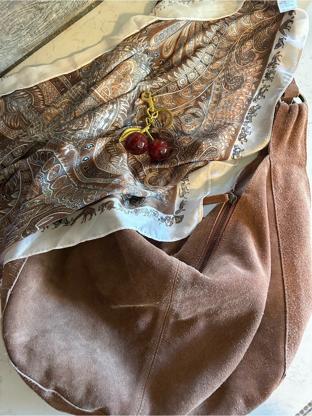 Free People Suede Roma Tote in Rust With Bonus Scarf and Cherry Bag Charm - Picture 3 of 16